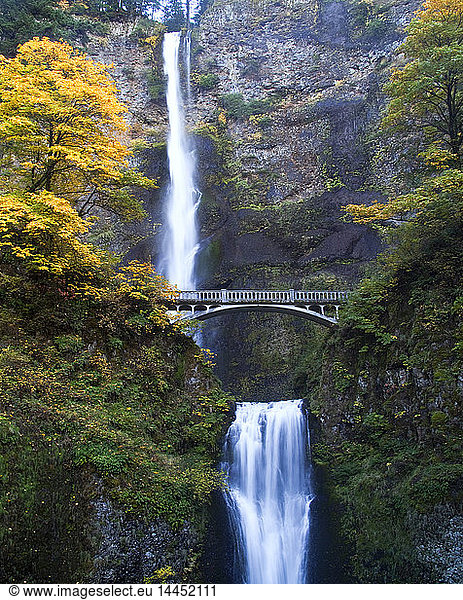 Waterfall and Bridge in Autumn