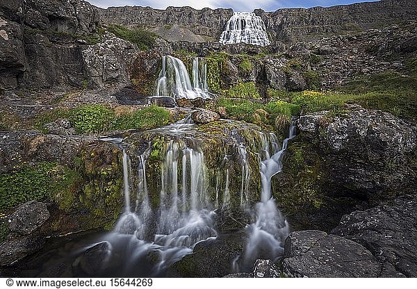 Waterfall Dynjandi  Dynjandifoss  river Dynjandisá  long exposure  Westfjords  Iceland  Europe
