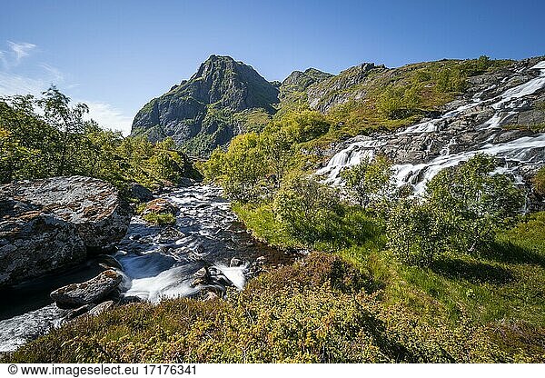 Waterfall near Sorvagen  mountain landscape with river  Moskenesöy  Lofoten  Nordland  Norway  Europe
