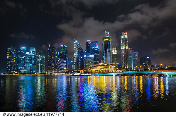 Waterfront skyline at Marina Bay at night  Singapore  South East Asia