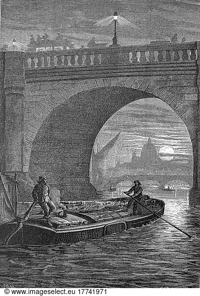 Waterloo Bridge over the Thames in the evening light  small barge on the river  c. 1870  London  England  digitally restored reproduction of a 19th century original  exact original date unknown