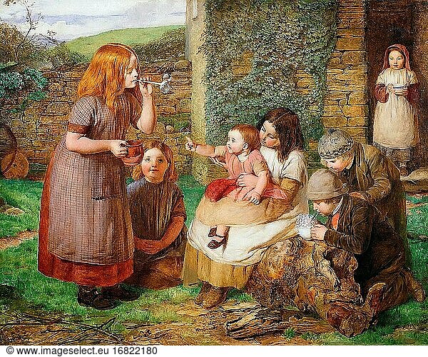 Watson John Dawson - Bubbles - Cottage Scene with Children at Play - British School - 19. Jahrhundert.