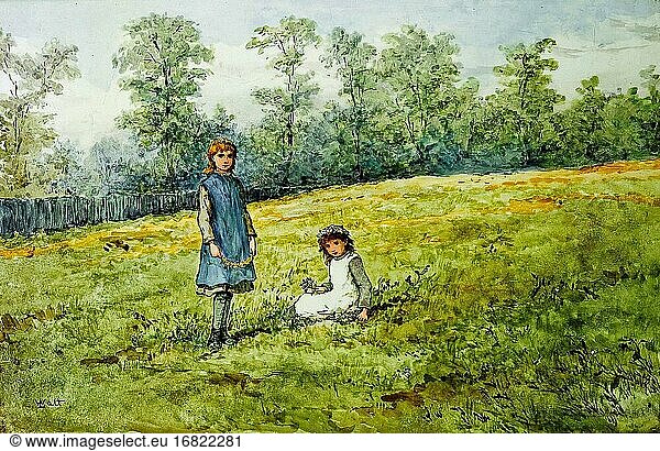Watt Linnie - Children in a Field (Plaque aus bemalter Fayence) - Britische Schule - 19. Jahrhundert.