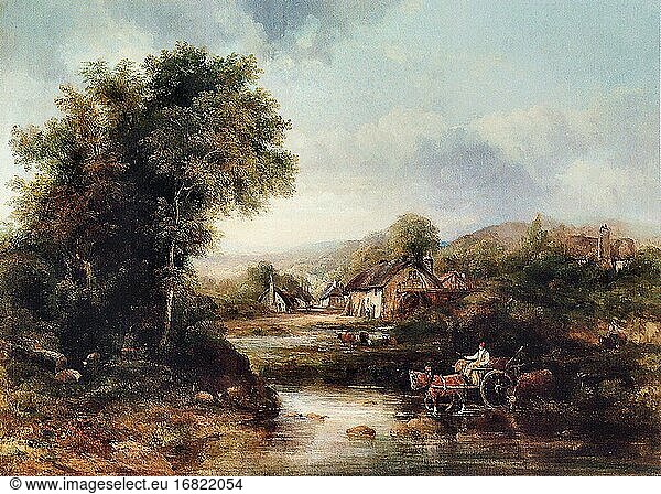 Watts Frederick Waters - eine ausgedehnte Flusslandschaft mit einem Viehtreiber in einem Wagen mit seinem Vieh - Britische Schule - 19. Jahrhundert.