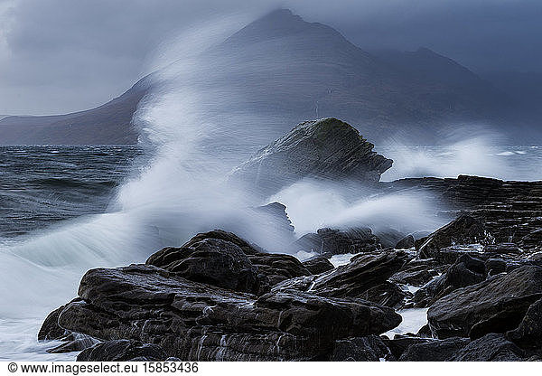 Waves crash against shore at Elgol  Isle of Skye  Scotland