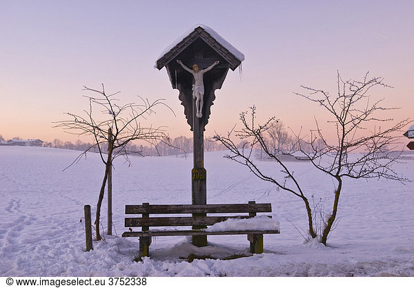 Wayside shrine at sunset in wintertime  Upper Bavaria  Bavaria  Germany  Europe