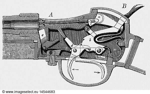 weapons/arms  firearms  long guns  Bavarian infatry rifle M69 (Werder rifle)  1869 - 1875  breech  loaded and armed  profile  wood engraving  circa 1880  weapon  gun  Johann Ludwig Werder  firearm  military  technics  Bavaria  Germany  19th century  historic  historical