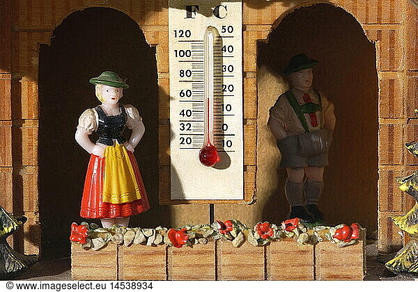 weather / climate  weatherhouse  detail  Germany  circa 1960s  symbol  house  meteorology  humor  still  clipping  cut out  1960s  60s  historic  historical  20th century  thermometer  thermometers  wet-bulb thermometer  Bavaria  summer  souvenir  kitsch  forecast  sunflower  figures  cut-out  cut-outs  people  woman  women  female