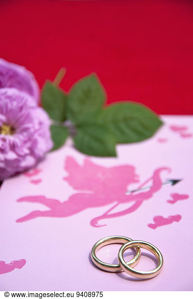 Wedding rings on wedding card with roses close up