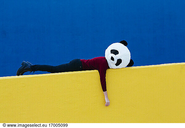 Weibliche Person mit Pandamaske  die auf einer gelben Stützmauer liegt