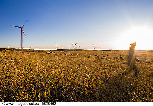 Weibliche Windparkbetreiberin geht bei Sonnenuntergang an Windturbinen vorbei