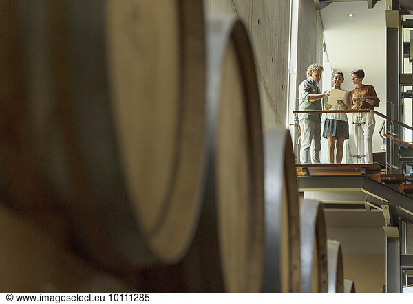 Weinkellerei-Mitarbeiter im Gespräch auf der Plattform im Keller