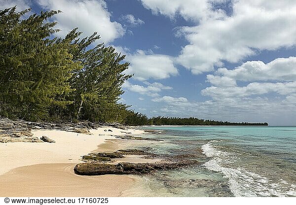 Wellen  Korallen und Strand entlang der Küstenlinie im Orange Creek-Gebiet von Cat Island  Bahamas.