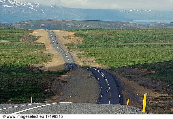 Wellige Straße ohne Verkehr verläuft in die Unendlichkeit  kein Verkehr  Myvatn  Island  Europa