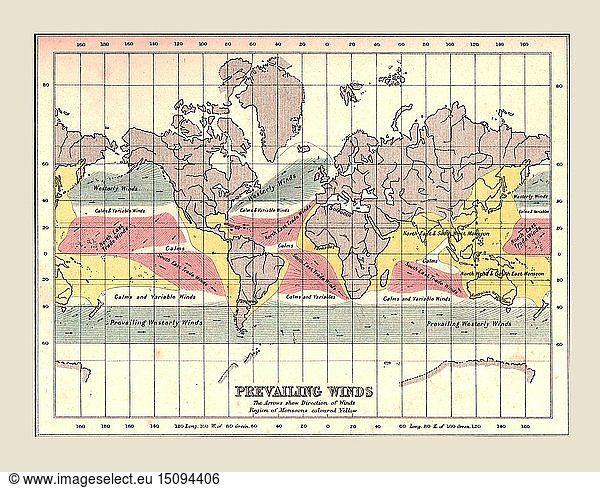 Weltkarte der vorherrschenden Winde  1902. Schöpfer: Unbekannt.