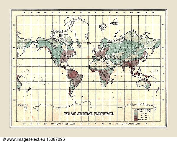 Weltkarte mit der mittleren jährlichen Niederschlagsmenge  1902. Schöpfer: Unbekannt.