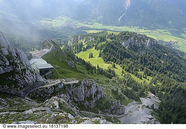 Wendelstein (1838 m)  view from the summit  cable car station and Wendelsteinhaus  Wendelsteinmassiv  July  Mangfall mountains  Bavarian Prealps  Bavaria  Germany  Europe