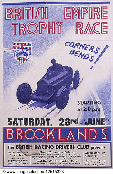 Werbeplakat für das British Empire Trophy Race  Brooklands  Surrey. Künstler: Unbekannt