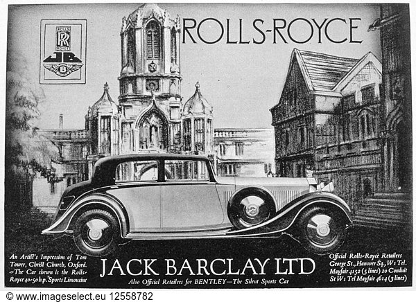 Werbung für Jack Barclay Ltd  Rolls-Royce und Bentley Händler  1935. Künstler: Unbekannt
