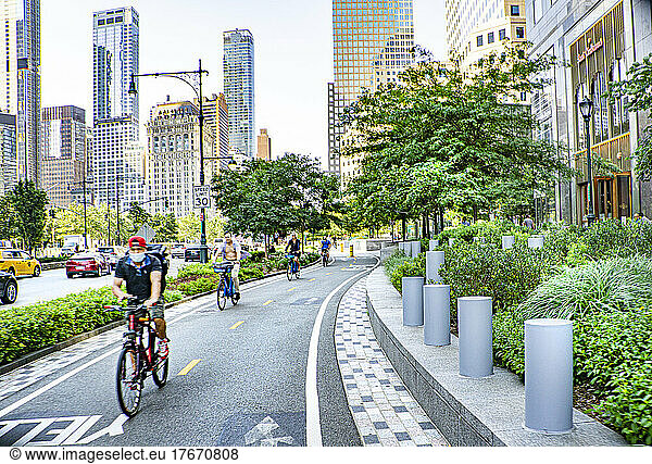 West Side Bicycle Lanes and Cityscape  New York City  New York  USA