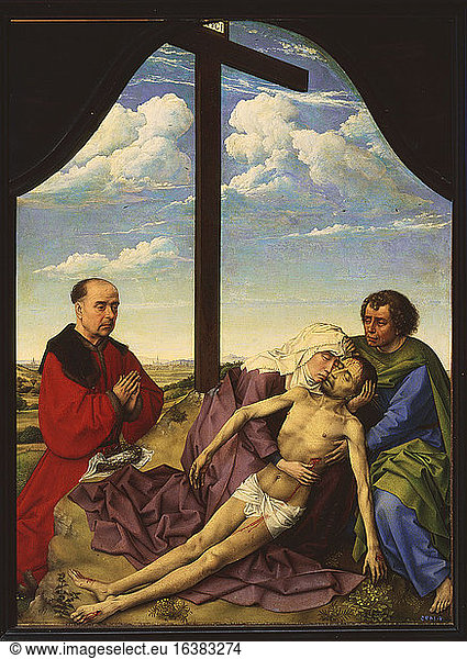 Weyden  Rogier van der1399/1400 – 1464.“Lamentation of Christ   c. 1440/50.On wood  47 × 35cm.Madrid  Museo del Prado.