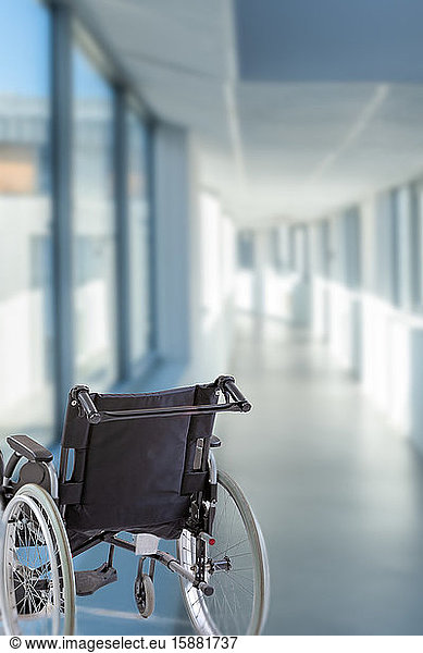 Wheelchair in the hospital in the corridor