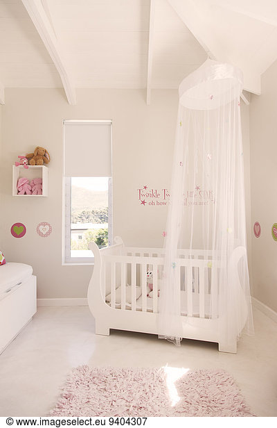 White crib with tulle canopy in pastel colored baby's room