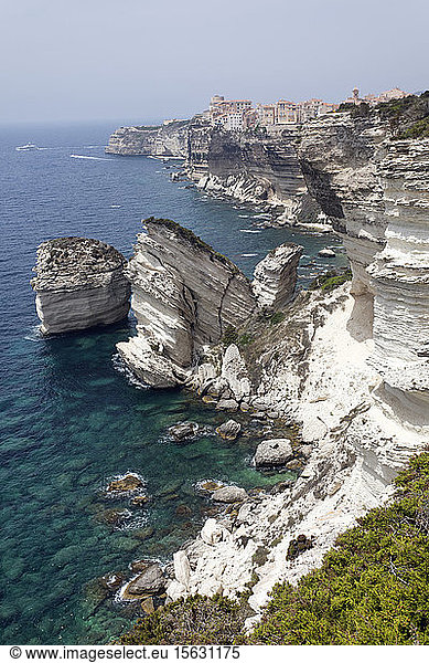 White Limestone Cliffs against clear sky at Bonifacio  Corsica  France