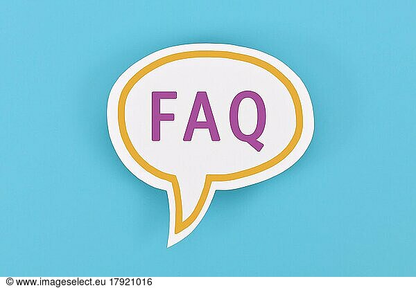 White speech bubble with FAQ letters on blue background