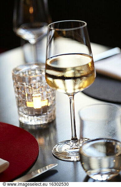 White wine glass in a restaurant