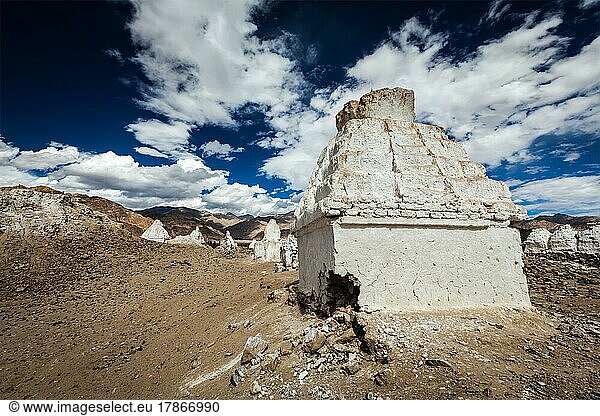 Whitewashed chortens (Tibetan Buddhist stupas) . Ladakh  Jammu and Kashmir  India  Asia
