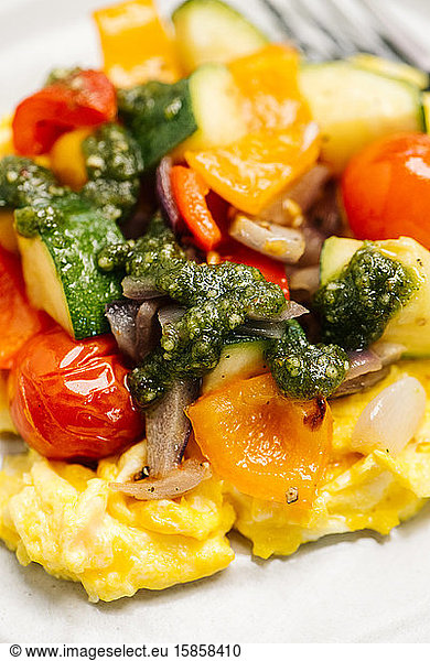 Whole30 vegetable scramble with basil pesto