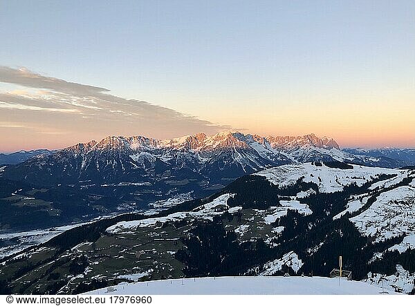 Wilder Kaiser at sunset  view from Hohe Salve  mountains at sunset  Tyrol  Austria  Europe
