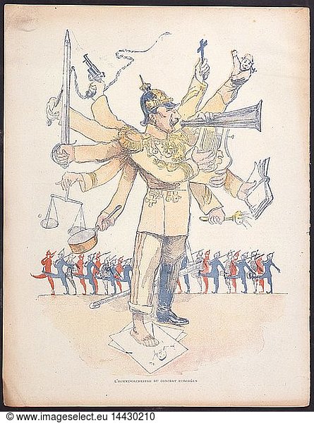 Wilhelm II  Emperor of Germany depicted as a one-man orchestra conducting the affairs of Europe. Cartoon from "Le Rire"  Paris. After his dismissal of his chancellor  Bismarck  in 1890  he saw himself as the dominant power in Europe.