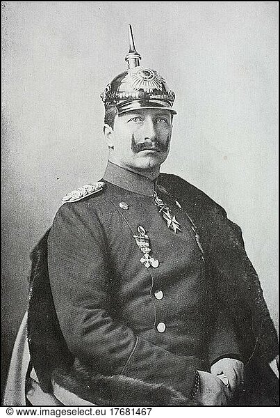 Wilhelm II Friedrich Wilhelm Viktor Albert of Prussia  27 January 1859  4 June 1941  of the House of Hohenzollern  was the last German Emperor and King of Prussia from 1888 to 1918  digitally restored reproduction from a 19th century original  exact date unknown