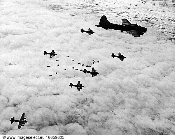 Wilhelmshaven  Germany  November 3  1943
Forty-two of the B-17 Flying Fortresses that participated in the US Army 8th Air Force attack wing above the clouds in formation.