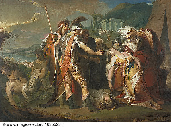 William Shakespeare  1564–1614. Works: King Lear (1605/6).'King Lear Weeping over the Dead Body of Cordelia'.(Shakespear  King Lear  5.3).Painting  1786-88  by James Barry (1741-1806) for Alderman Boydell's 'Shakespeare Gallery'.Oil on canvas  269.2 x 367 cm.Ref. No.: T00556London  Tate Britain.