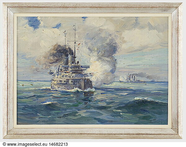Willy Tiedjen (1881 - 1950) - the Battle of Jutland.  Oil on canvas. In the foreground an Empire Class Battleship firing a volley at portside  in the background another battleship. One minute hole. Signed and illegibly dated on lower right. Silver profile frame. Picture size 70 x 50 cm  framed 83 x 63 cm. The Emperor Class was the third-largest class of German battleships  which was inspired by the British 'Dreadnought' and was the first to be powered by steam turbines. All ships of this class belonged to the third battleship squadron  took part in the Battle of Jutland and were eventually sunk by their own crews at Scapa Flow. Willy Tiedjen attended the School of Applied Arts and studied under Zügel at the Munich Academy of Fine Arts. He concentrated on landscape painting and especially on naval themes. historic  historical  1900s  1910s  20th century  navy  naval forces  military  militaria  branch of service  branches of service  armed forces  armed service  object  objects  stills  clipping  clippings  cut out  cut-out  cut-outs  painting  paintings  fine arts  art  picture  pictures  illustrations
