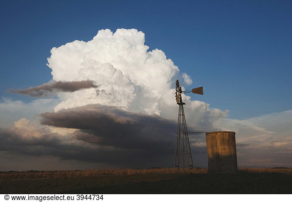 Wind mill with thunder cloud,  Sinton,  Corpus Christi,  Coastal Bend,  Texas,  USA