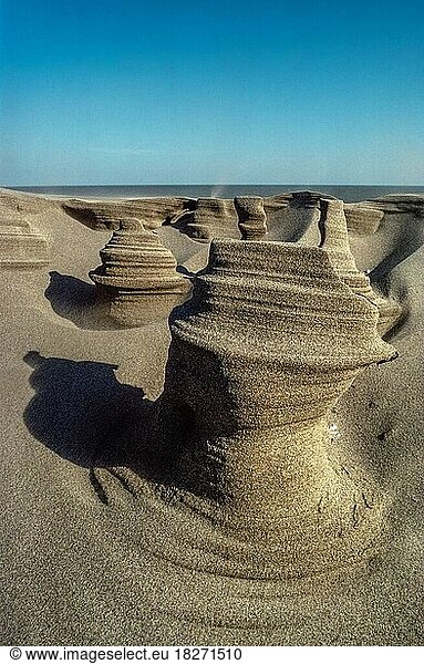 Wind-sculpted sand towers on beach by Mediterranean Sea. Beauduc  Camargue  Frankreich  Europa