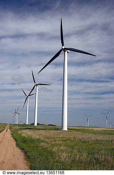 Wind turbines generating power on a wind farm  North America.