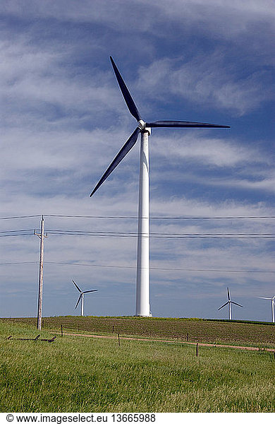 Wind turbines generating power on a wind farm  North America.