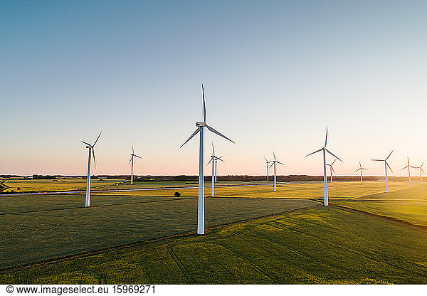 Wind turbines on agricultural land against clear sky