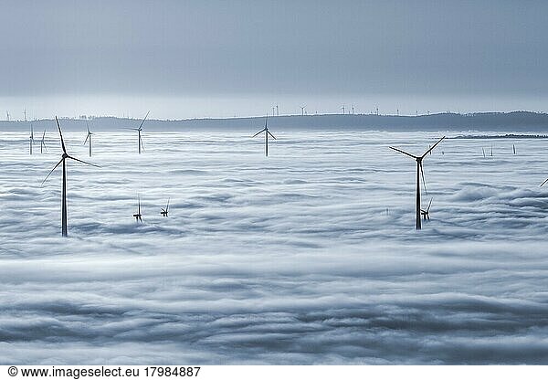 Wind turbines rising from cloud cover  backlight  Köterberg  Lügde  Weserbergland  North Rhine-Westphalia