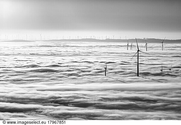 Wind turbines rising from cloud cover  backlight  text free space  Köterberg  Lügde  Weserbergland  North Rhine-Westphalia