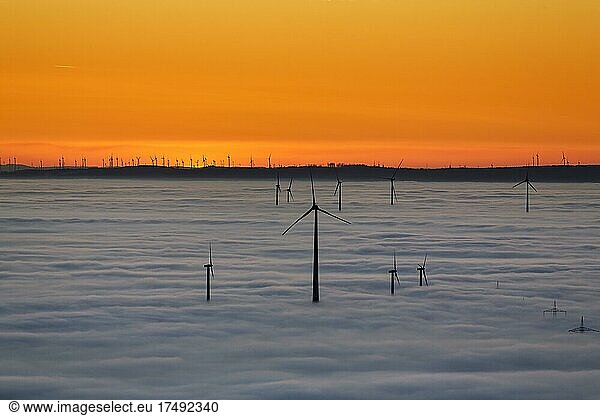 Wind turbines rising from cloud cover  silhouettes after sunset  Köterberg  Lügde  Weserbergland  North Rhine-Westphalia  Germany  Europe