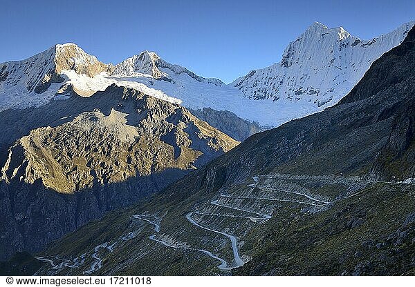 Winding mountain road AN-106 winds along the mountainside  Cordillera Blanca  Yungay Province  Peru  South America