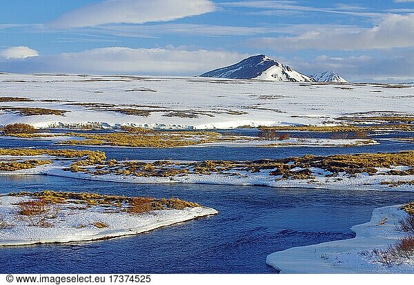 Winding natural river  winter landscape  Laxa  Myvatn  Iceland  Europe