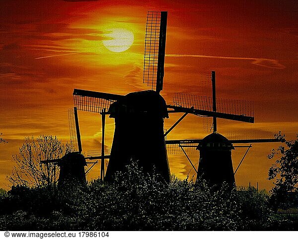 Windmühlen im Abendlicht Niederlande