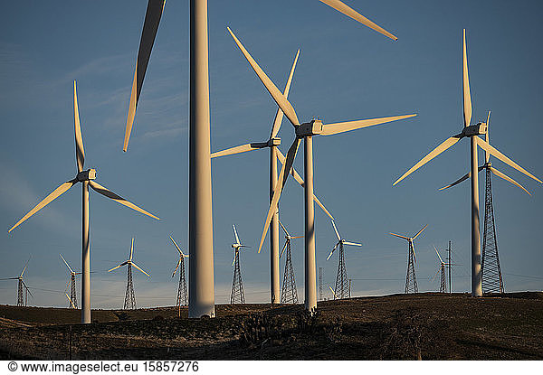 Windmühlen punktieren den Berghang in der Nähe der Mojave-Wüste in Cali